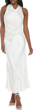 Ivy + Blu Cowl Neck Twist Satin Midi Dress
