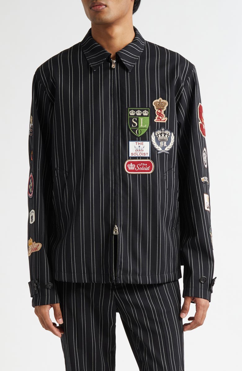 TAKAHIROMIYASHITA TheSoloist. Brit Crown Emblems Patch Embroidered Zip Jacket, Main, color, Black X White Blazer Stripe