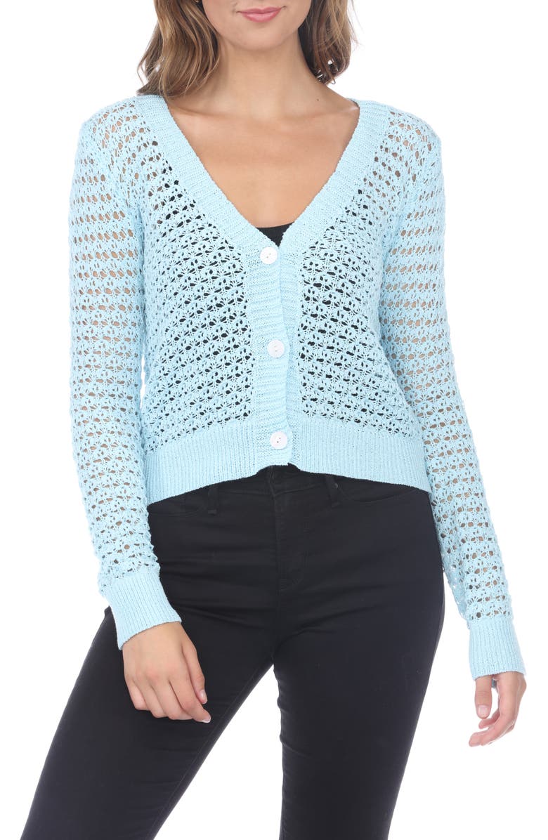 RAIN AND ROSE Pointelle Open Stitch Cardigan, Main, color, Powder Blue