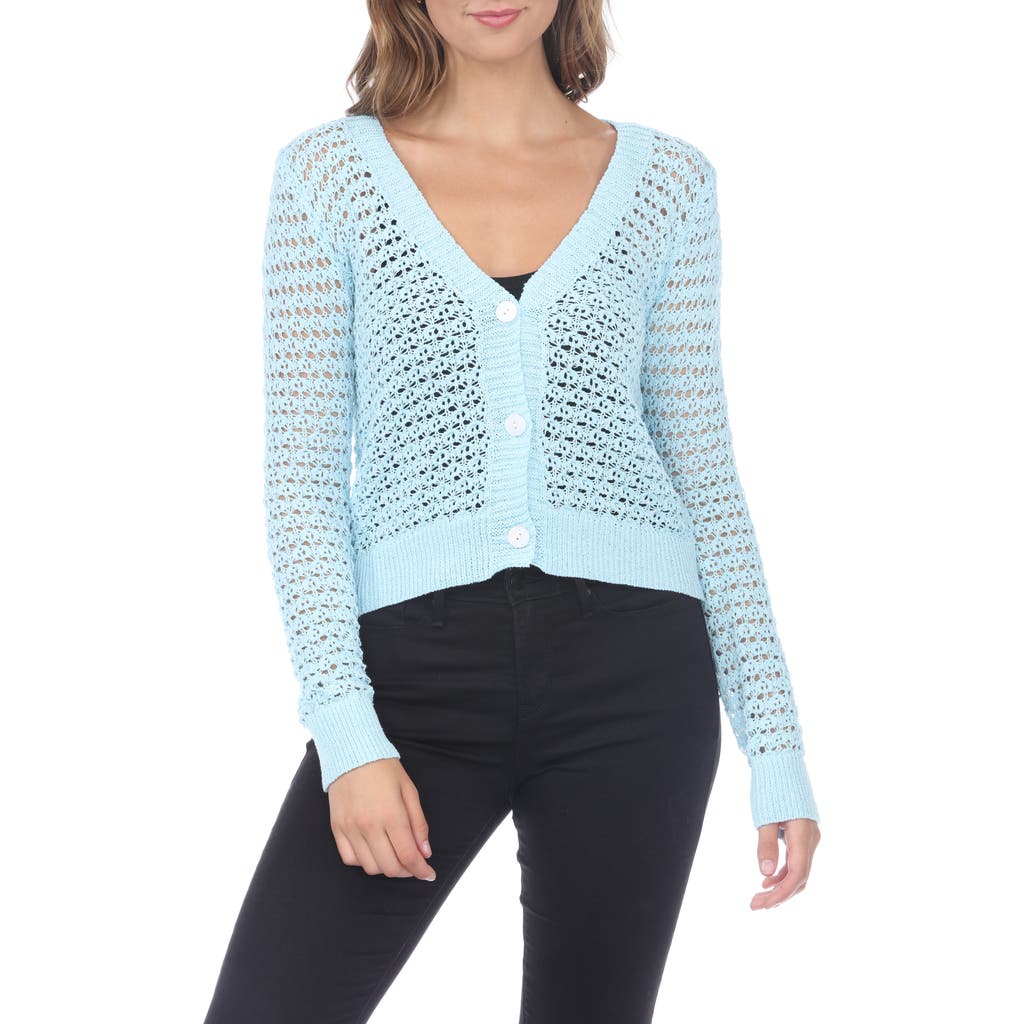 Shop Rain And Rose Pointelle Open Stitch Cardigan In Powder Blue