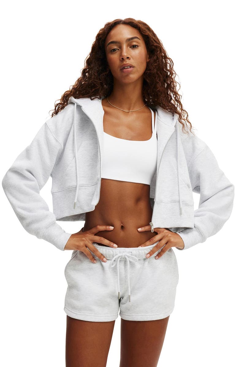 COTTON ON BODY Women's Active Plush Boxy Cropped Zip Through, Main, color, Cloudy Grey Marle