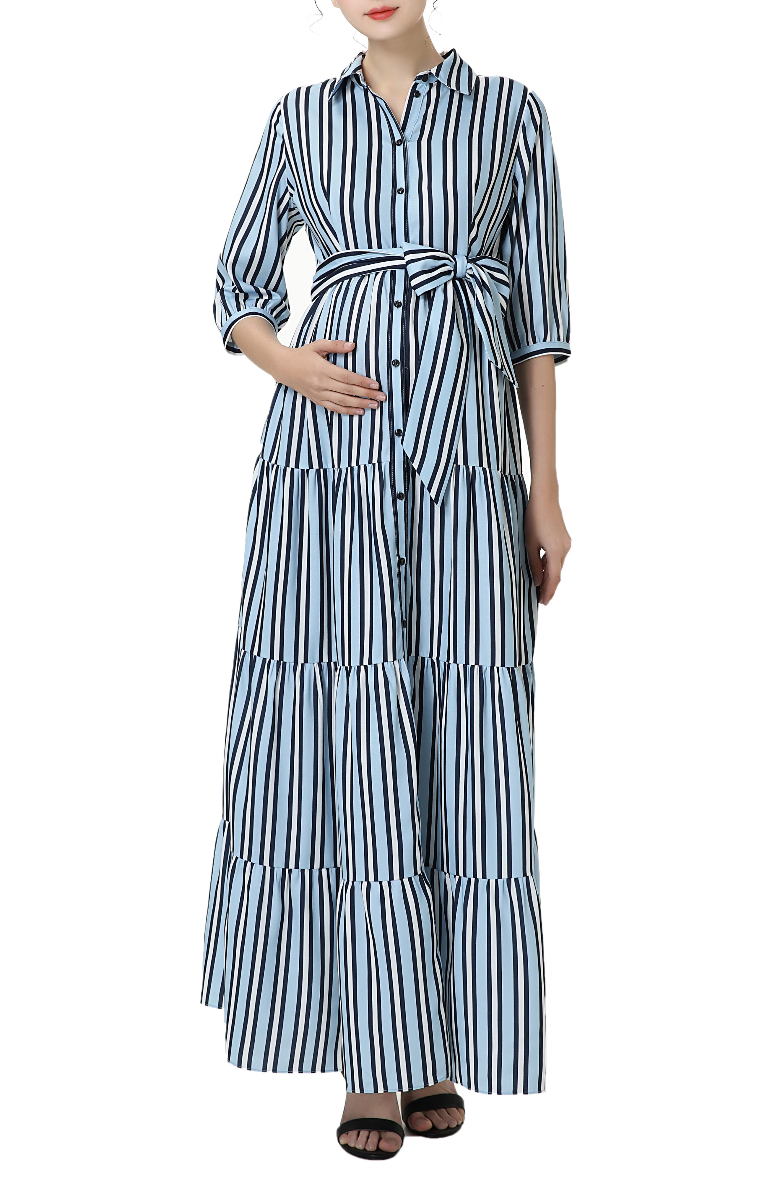 Kimi and Kai Ruby Stripe Belted Maternity/Nursing Maxi Dress in Blue 