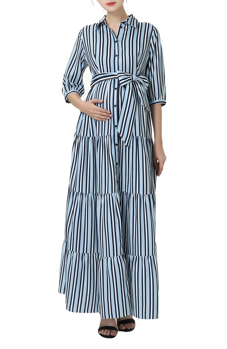 Kimi and Kai Ruby Stripe Belted Maternity/Nursing Maxi Dress, Main, color, Blue