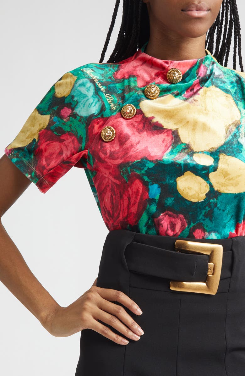 Balmain 4-Button Roses Print Stretch Velvet Top, Alternate, color, Ulj Green/ Multi