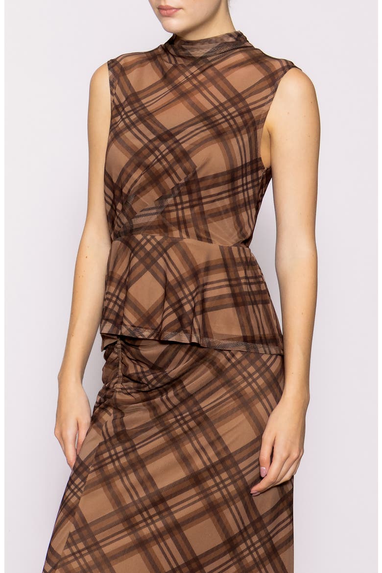 Side Cinch Plaid Mesh Peplum Top, Alternate, color, BROWN