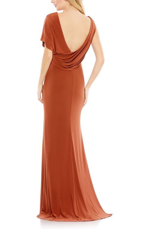 Mac Duggal One Shoulder Sleeve Scoop Back Jersey Gown In Brown