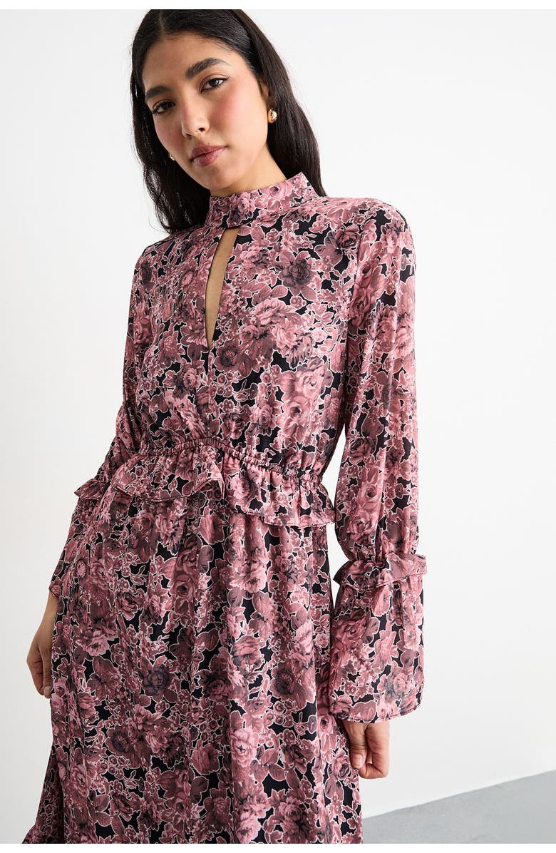 Warehouse Chiffon Shirred High Neck Midi Dress, Alternate, color, Chocolate