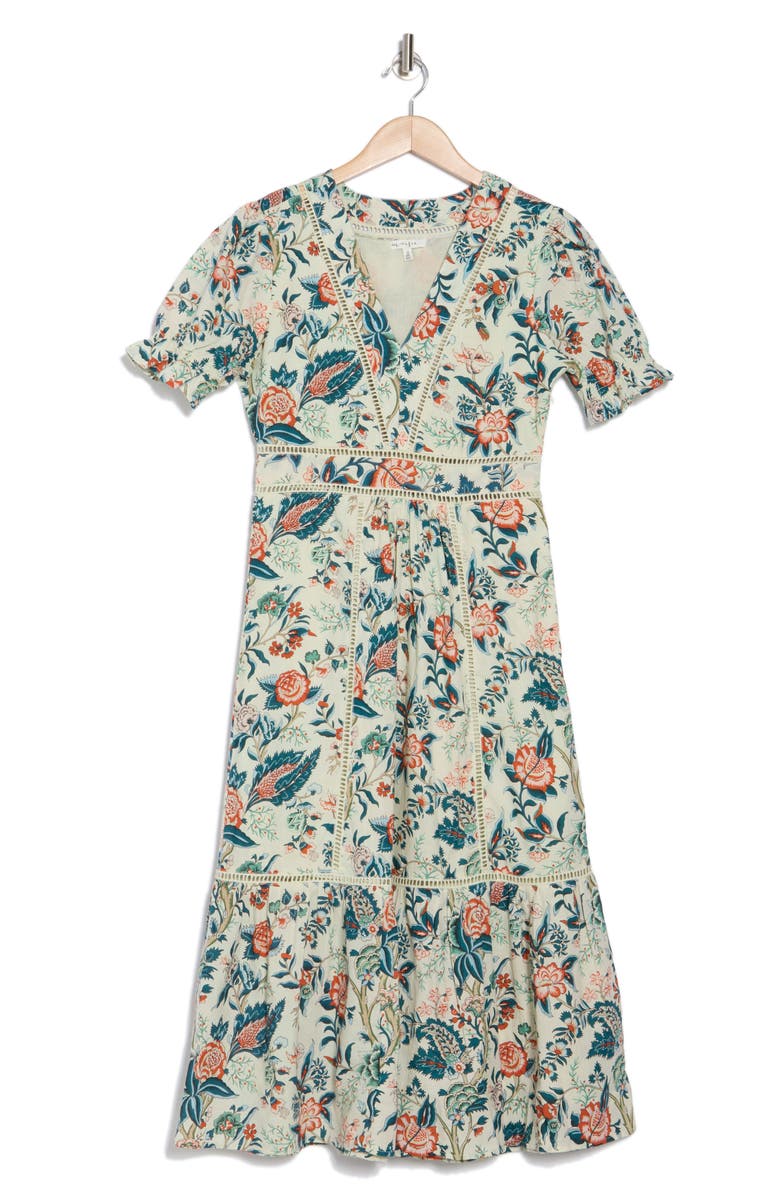 Maisie Puff Sleeve Midi Dress with Crochet Trim, Alternate, color, 