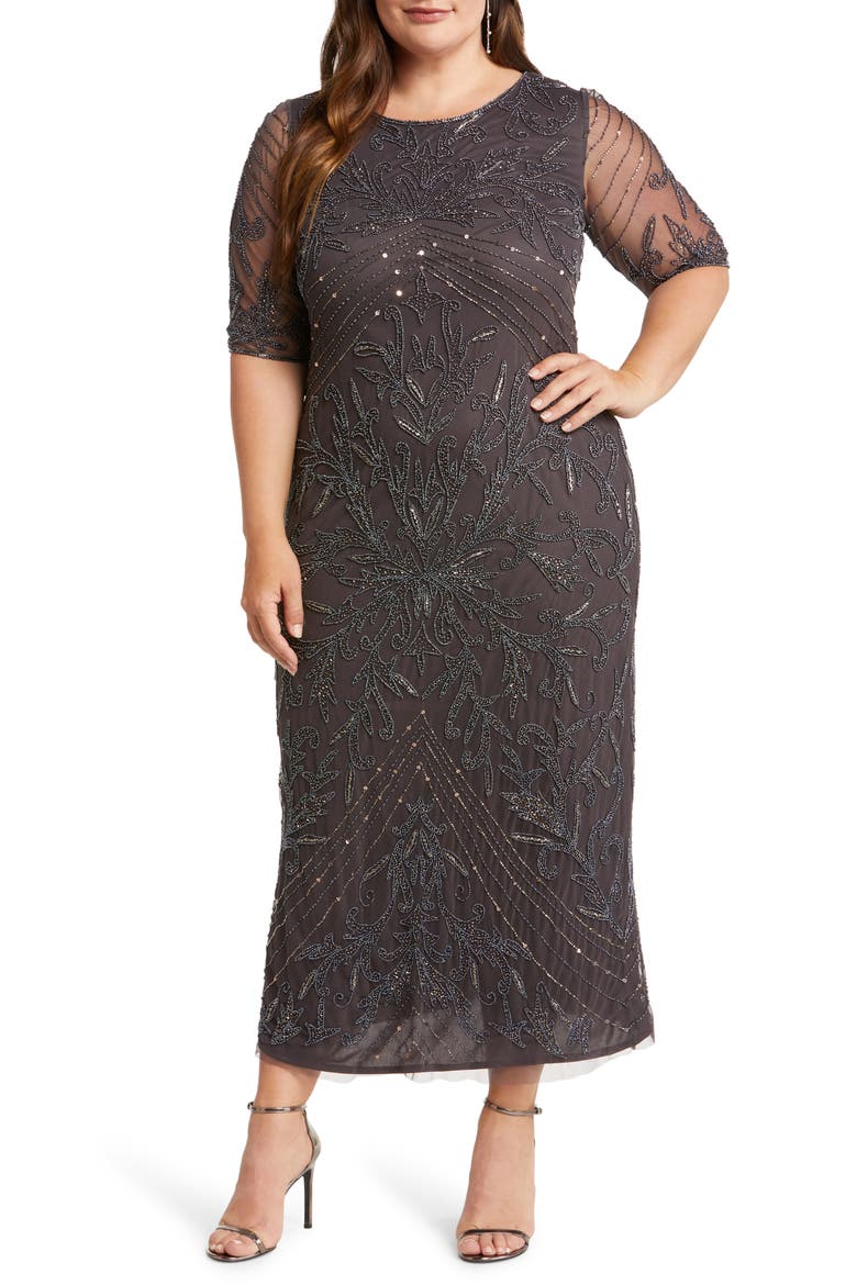 Beaded Elbow Sleeve A-Line Dress, Main, color, SLATE