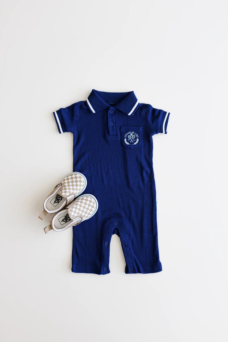 Waffle Polo Romper, Alternate, color, Navy Blue