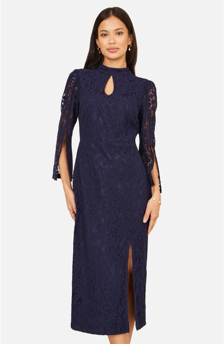 Yumi Lace Fitted Midi Dress, Alternate, color, Navy