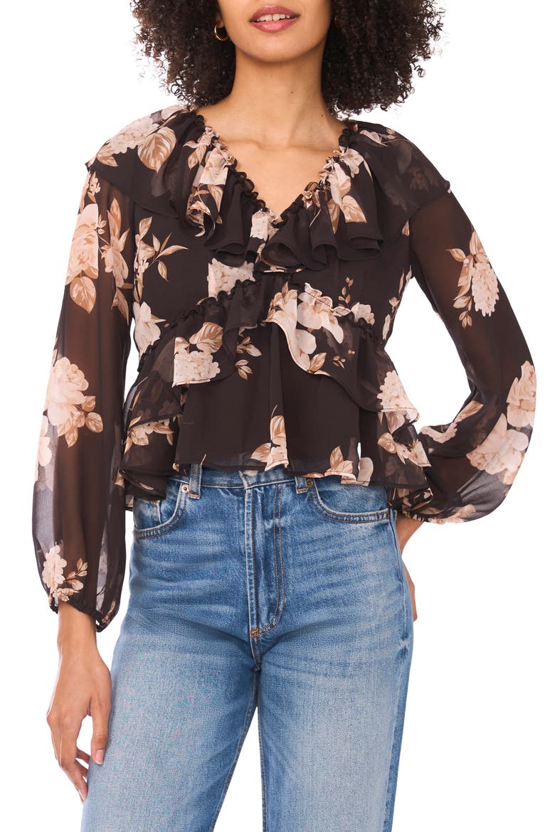 Floral Ruffle Long Sleeve Chiffon Crop Top, Main, color, CHOCOLATE TORTE