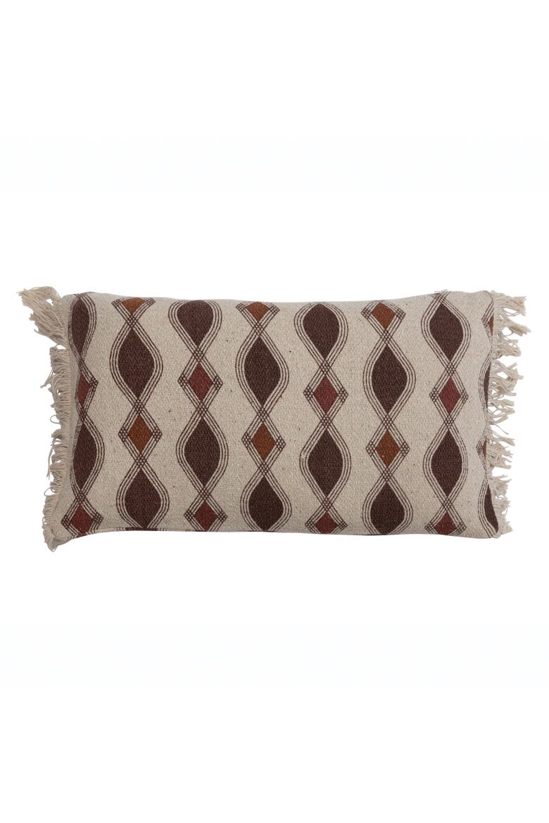 Bloomingville Recycled Cotton Blend Printed Pillow with Pattern and Fringe, Multicolor, Main, color, Cream