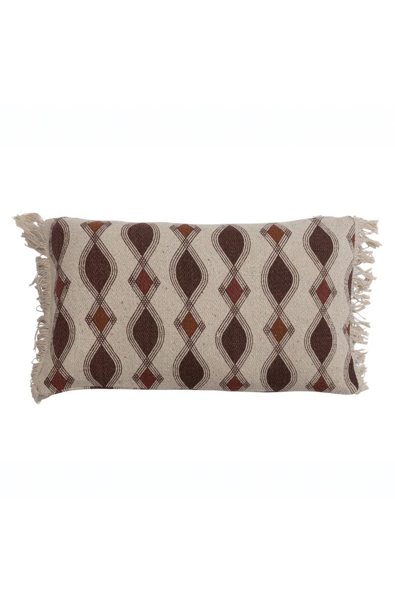 Storied Home Bloomingville Recycled Cotton Blend Printed Pillow with Pattern and Fringe, Multicolor, Main, color, Cream