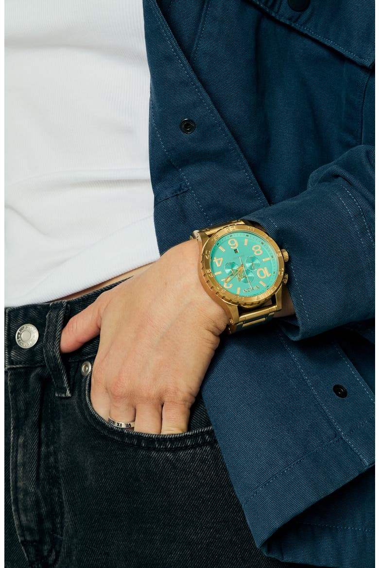 51-30 Chronograph Bracelet Watch, 51mm, Alternate, color, GOLD / TURQUOISE / GOLD