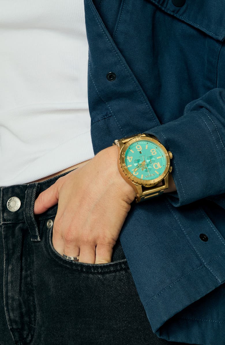 Nixon 51-30 Chronograph Bracelet Watch, 51mm, Alternate, color, Gold / Turquoise / Gold
