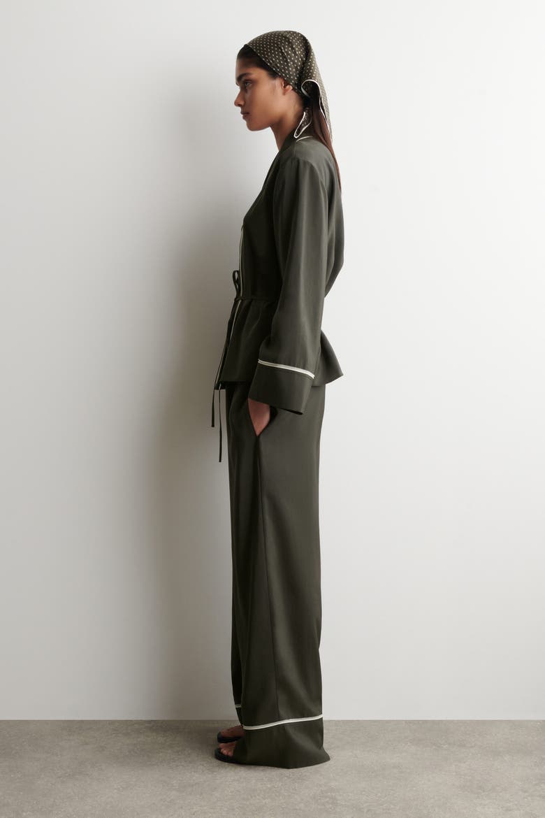 Contrast-piped Belted Wrap Top, Alternate, color, DARK GREEN