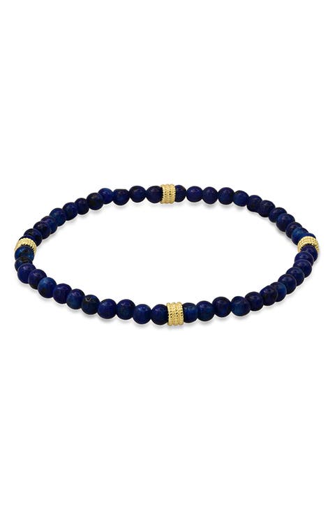 Men's 14K Gold Plated Sterling Silver & Lapis Lazuli Beaded Stretch Bracelet