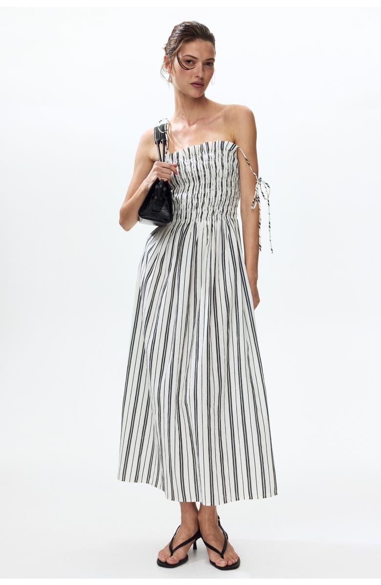 H&M Smocked-bodice tie-strap dress, Main, color, White/Striped