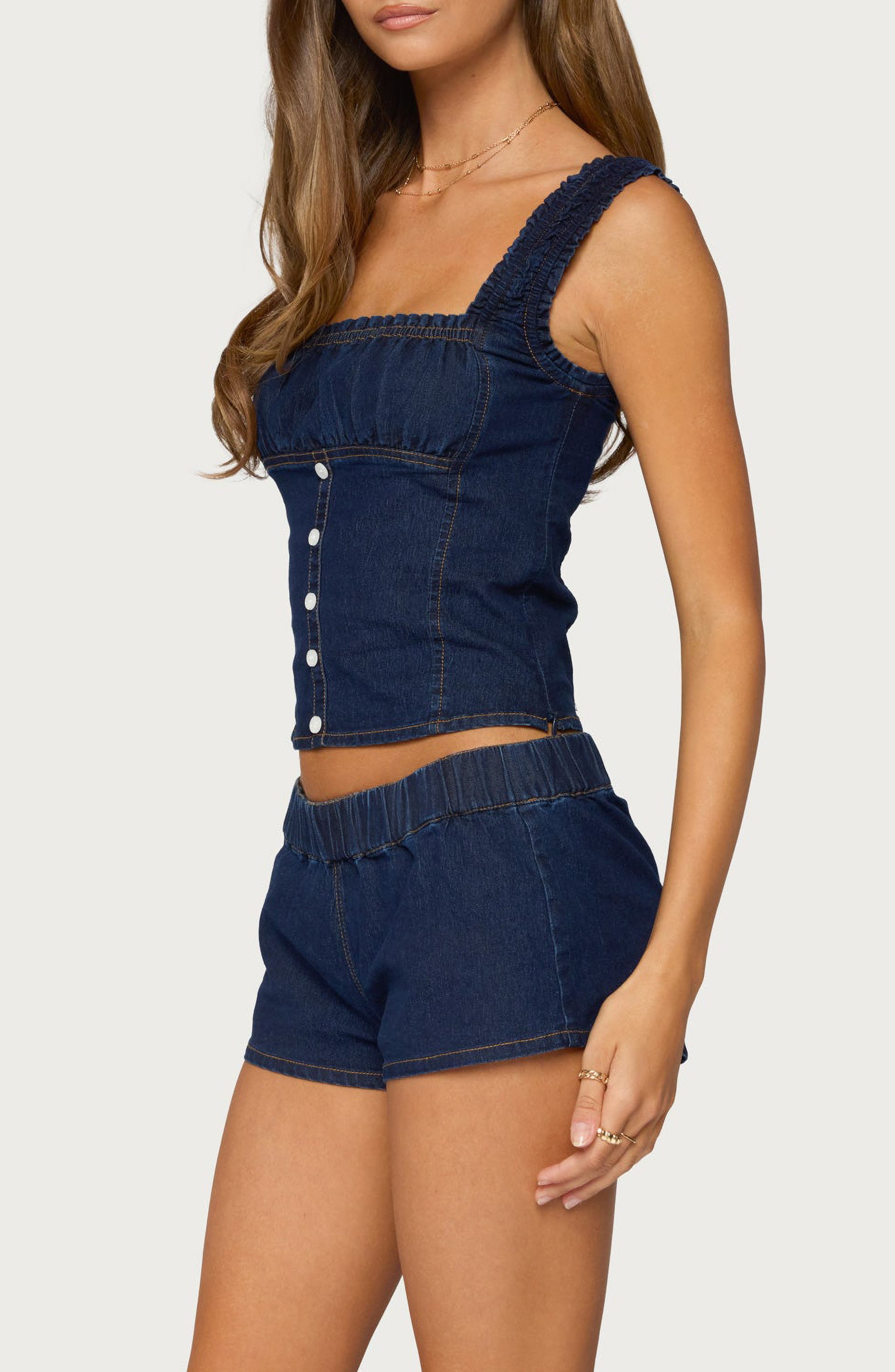 EDIKTED Aggie Ruched Button Denim Top (Women) | Nordstrom