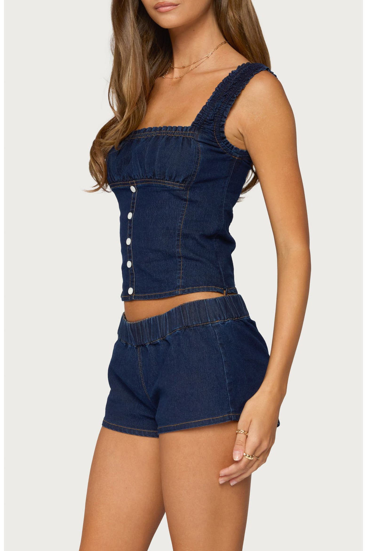 No Button Color:blue EDIKTED Aggie Ruched Button Denim Top (Women) | Nordstrom