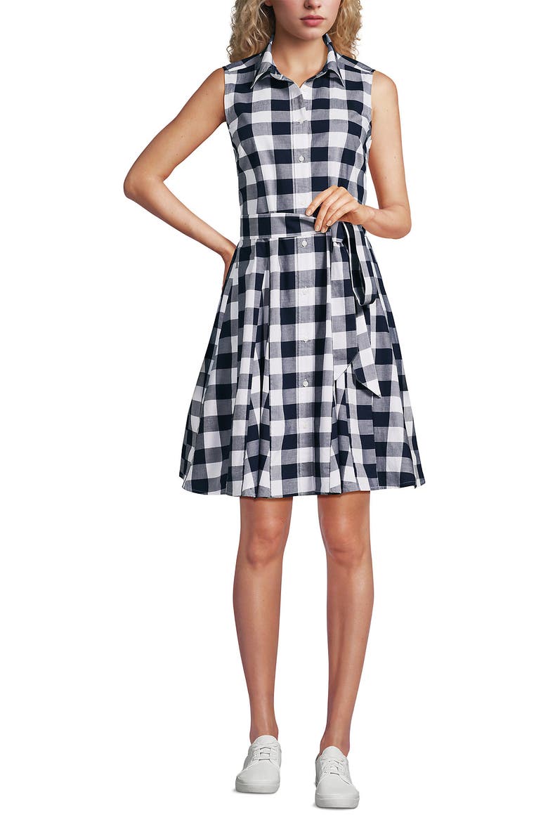 Poplin Button Front Dress with Godets, Alternate, color, Radiant Navy Gingham