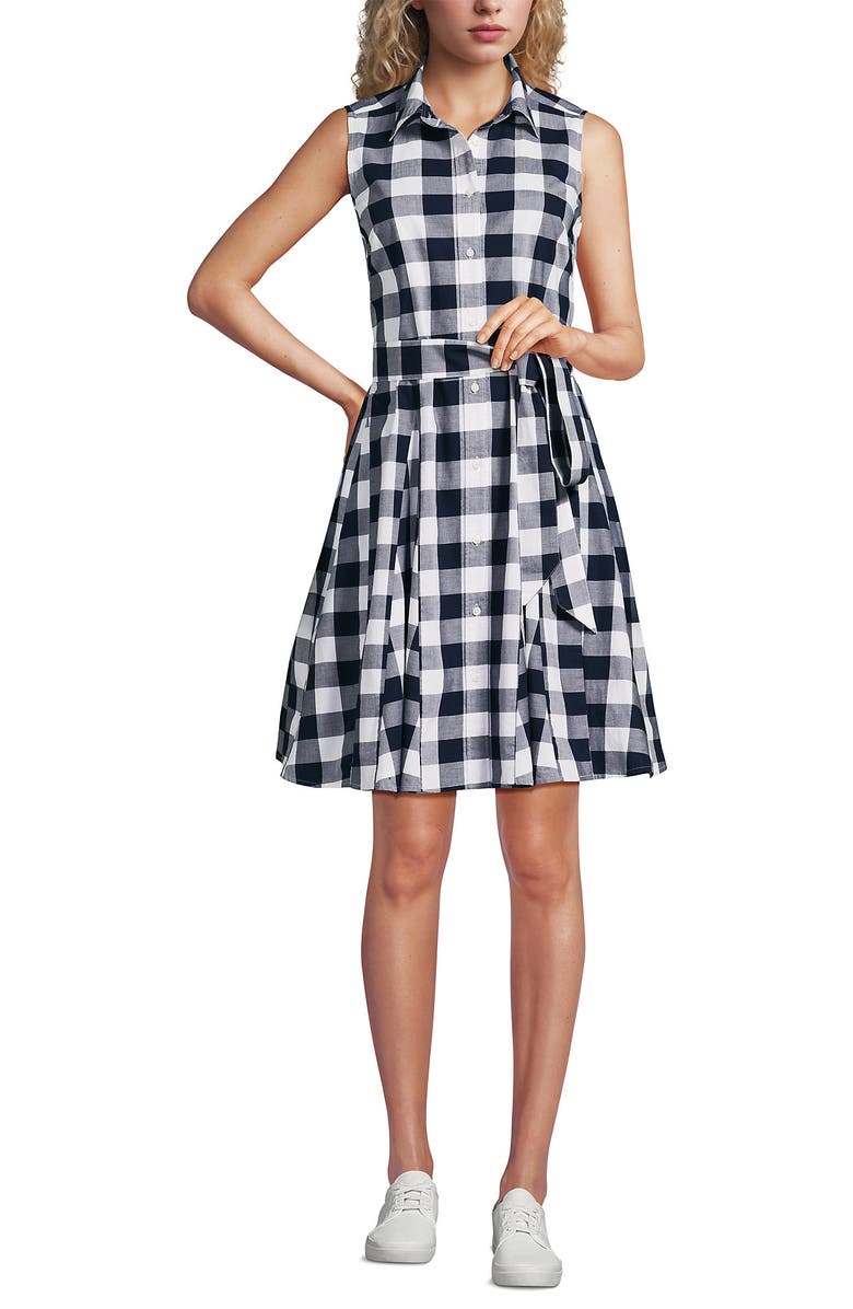 Lands' End Poplin Button Front Dress with Godets, Alternate, color, Radiant Navy Gingham