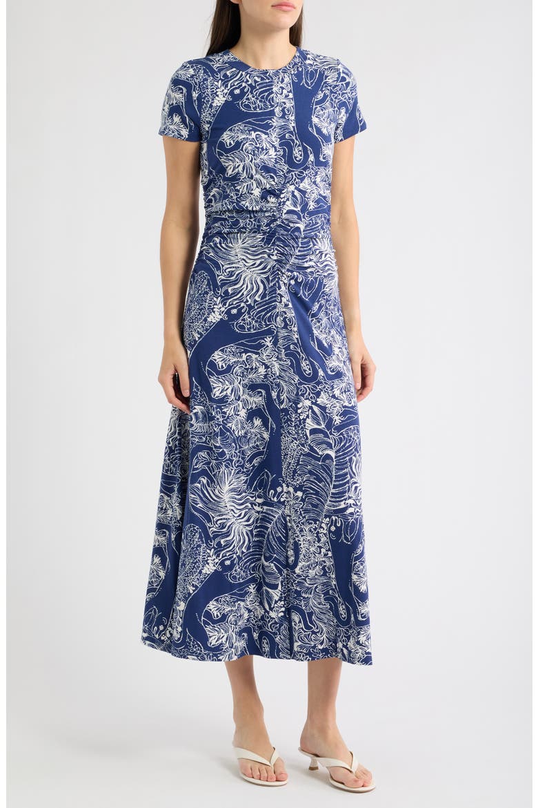 Alma Print Knit Midi Dress, Main, color, LOW TIDE NAVY PALM PROWL