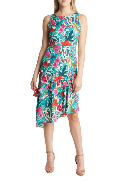 Tropical Ruffle Cutout Midi Dress