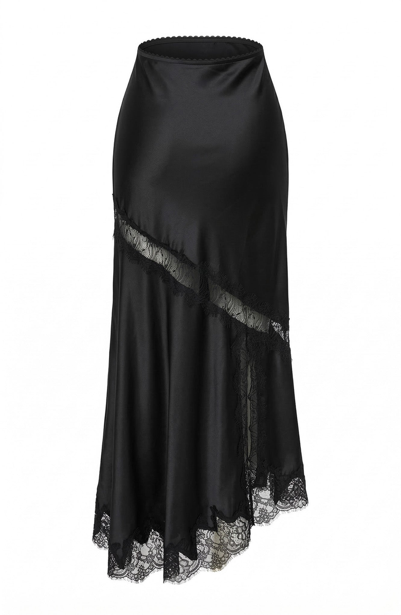Modenaire Lace Trim Asymmetric Satin Midi Skirt with Contrast Panel, Alternate, color, Black