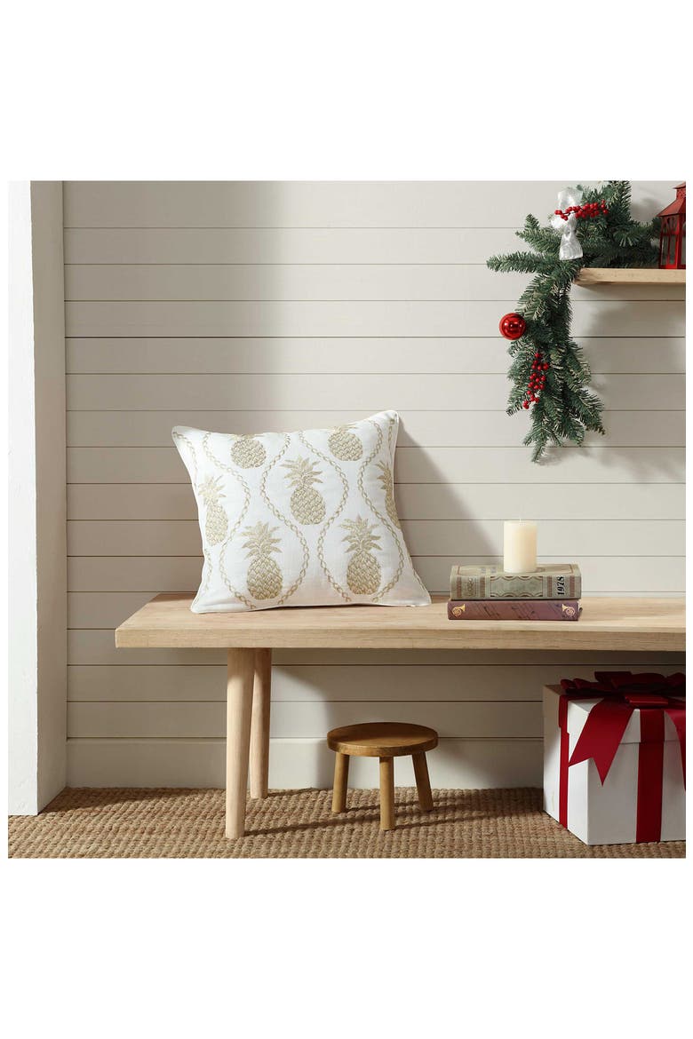 Golden Pineapple Embroidered Square Accent Pillow, Alternate, color, WHITE/ GOLD