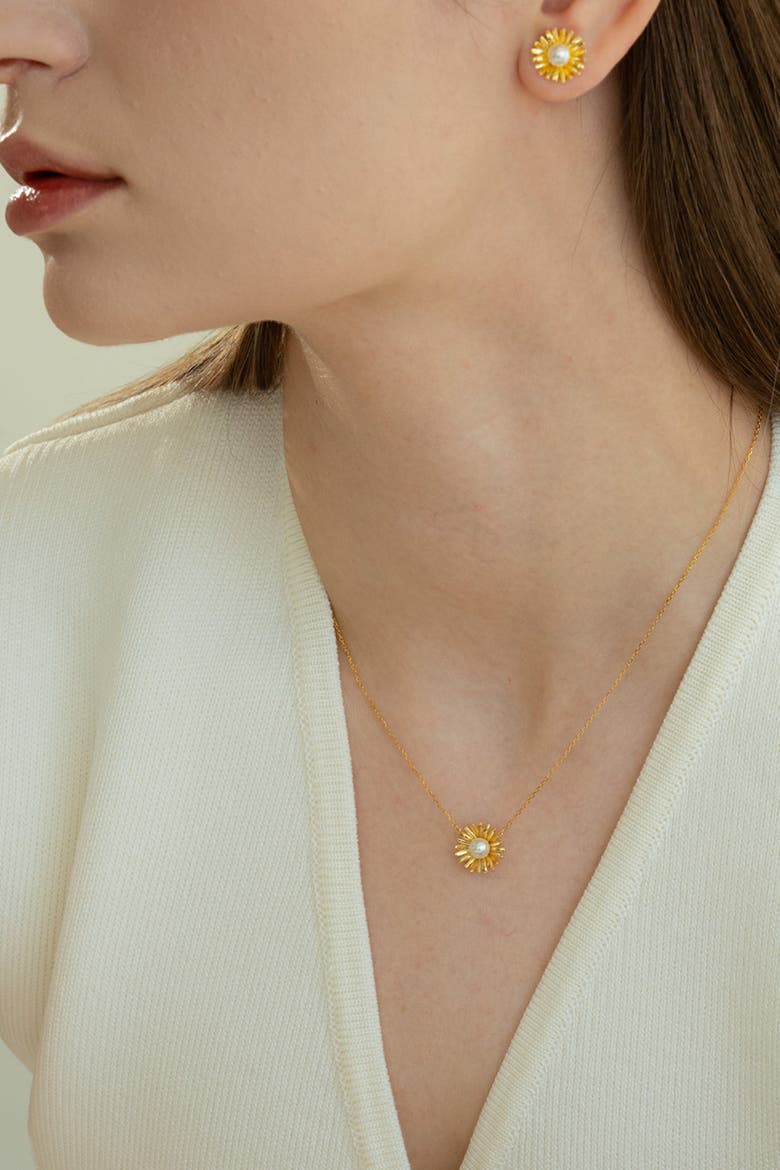 Sterling Silver 18k Gold Plated Flora Pearl Necklace & Earring Set Dainty, Alternate, color, Gold