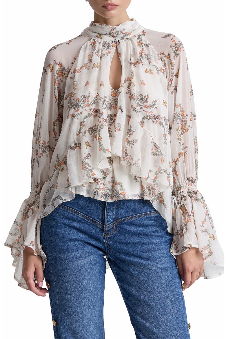 Ruffled High Neck Top, Main, color, CREAM FOX WREATH
