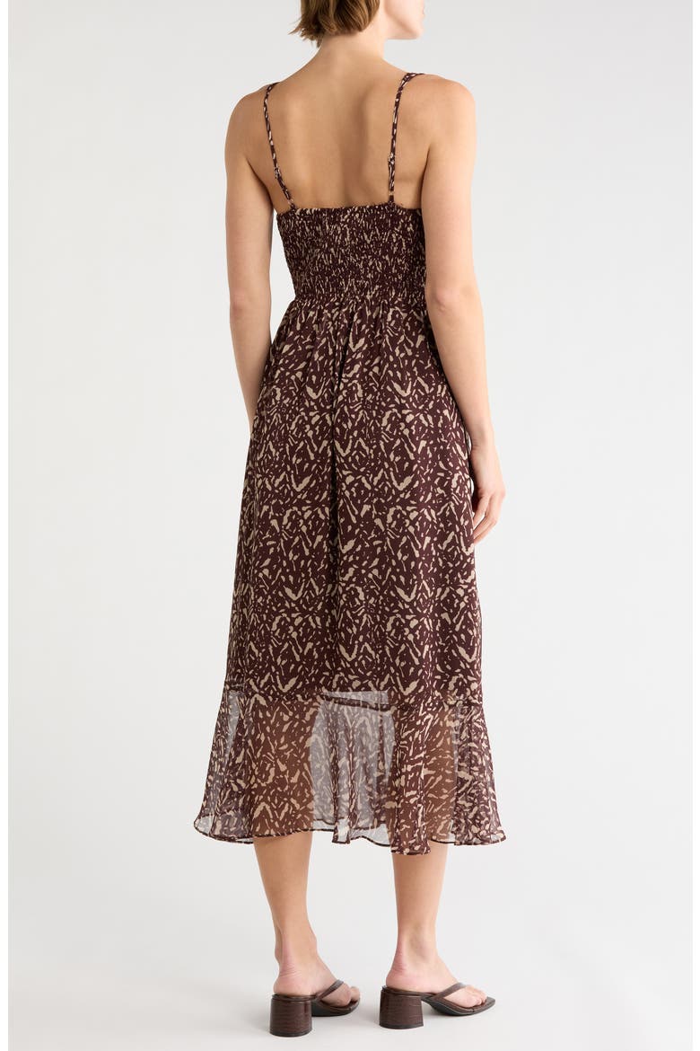 Keyhole Ruffle Hem Midi Dress, Alternate, color, BROWN ABSTRACT