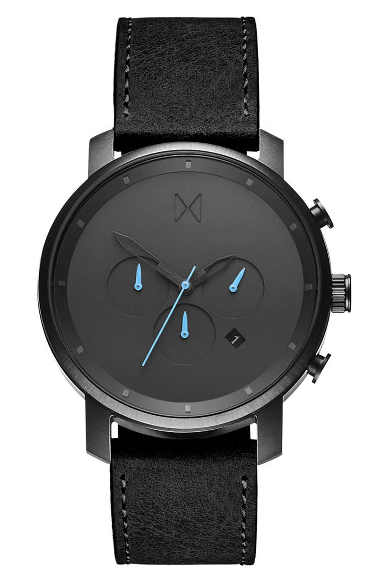 MVMT The Chrono Chronograph Leather Strap Watch, 45mm, Main, color, BLACK/ GUNMETAL