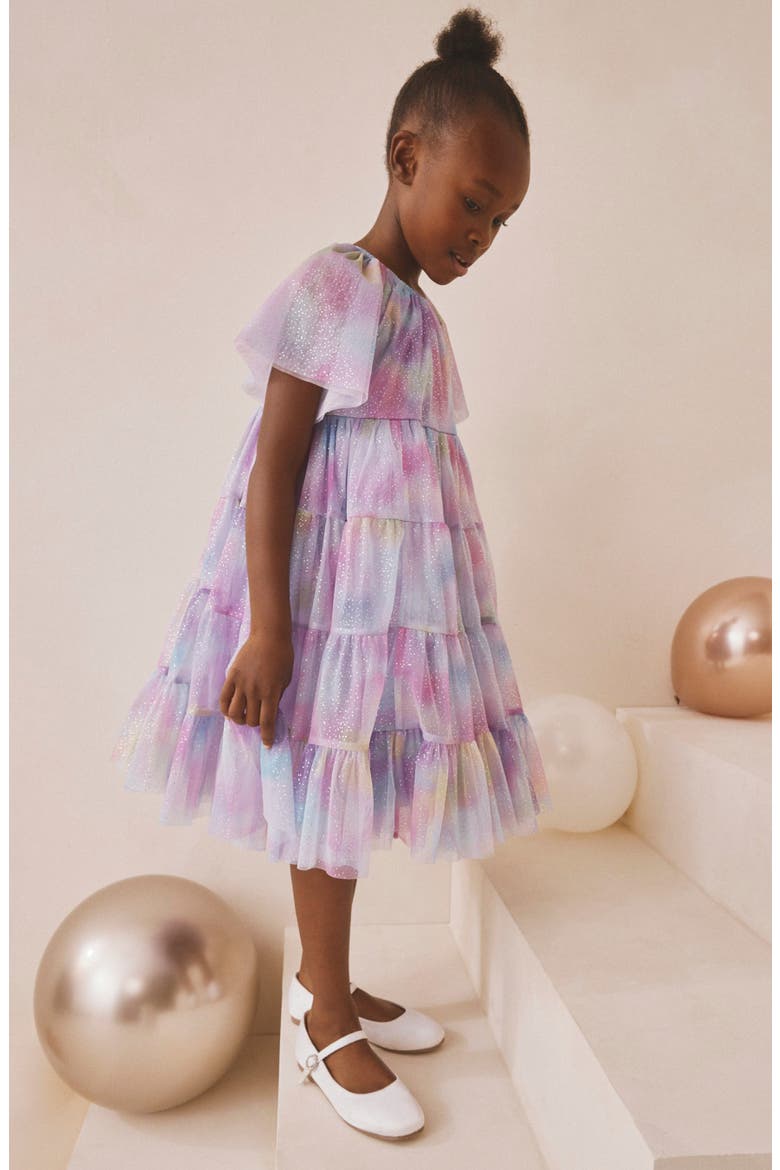 Kids' Glitter Ombré Flutter Sleeve Tiered Mesh Dress, Alternate, color, METAL