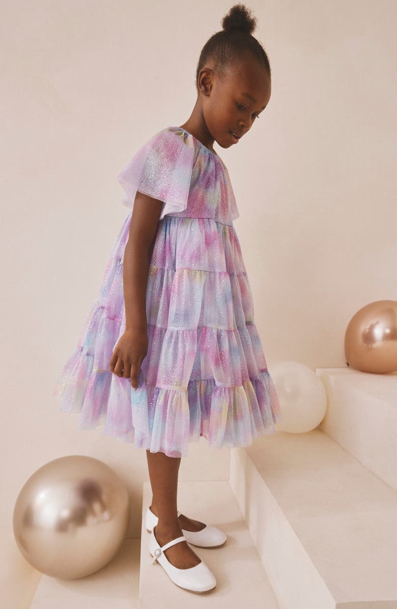 NEXT Kids' Glitter Ombré Flutter Sleeve Tiered Mesh Dress, Alternate, color, Metal