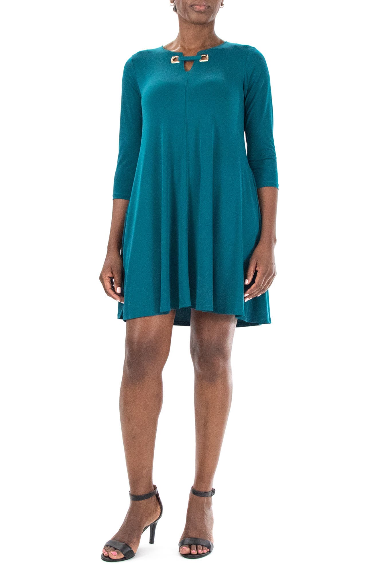 Nina Leonard Hardware Neck Long Sleeve Dress