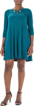 Nina Leonard Hardware Neck Long Sleeve Dress
