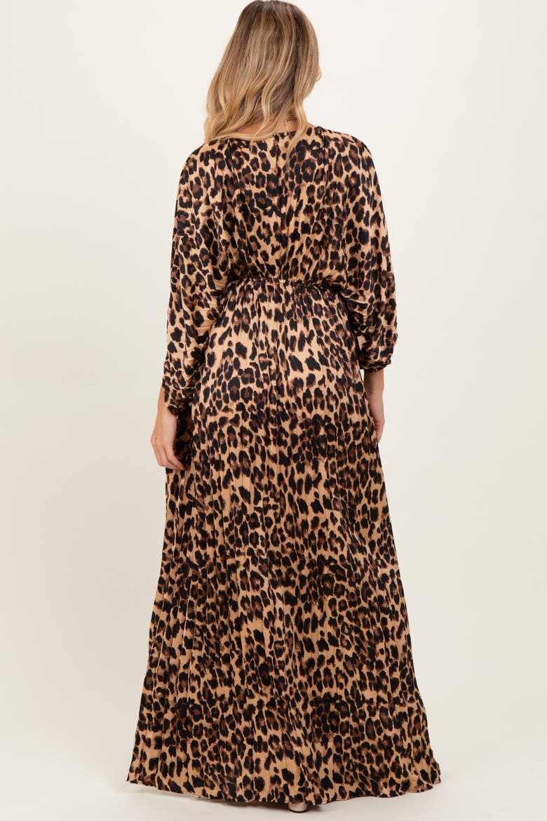Pleated V Neck Satin Maxi Dress, Alternate, color, Brown