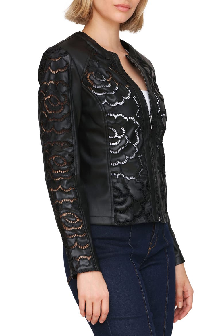 Floral Ladder Cutout Faux Leather Jacket, Alternate, color, BLACK