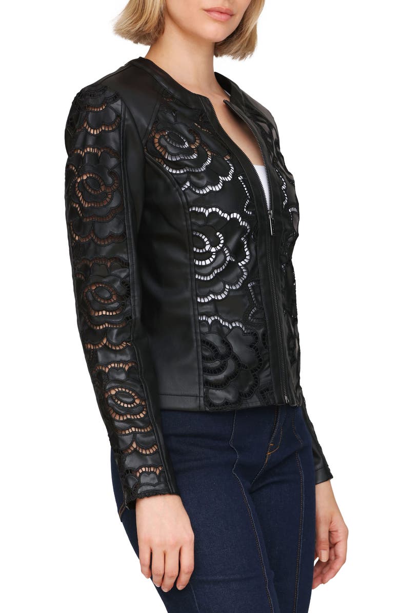Bagatelle Floral Ladder Cutout Faux Leather Jacket, Alternate, color, Black
