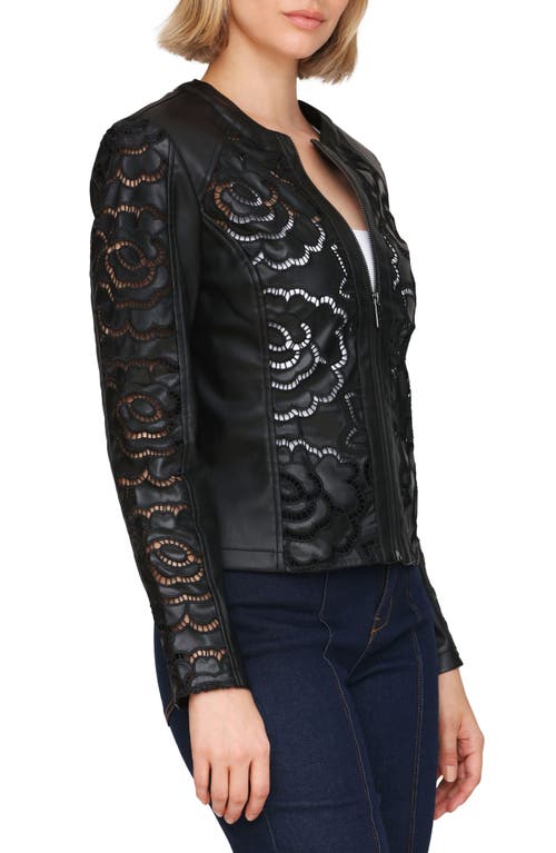 Bagatelle Floral Ladder Cutout Faux Leather Jacket In Black
