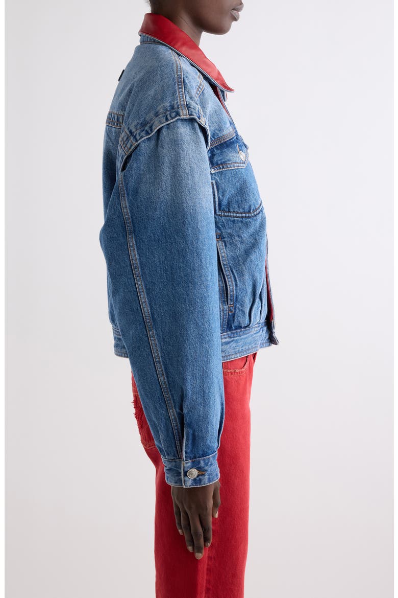 Devyn Leather Collar Denim Jacket, Alternate, color, BLUE