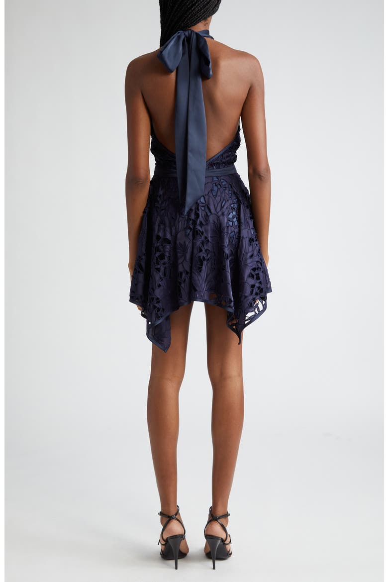 Leyla Floral Cutout Halter Minidress, Alternate, color, NAVY SATEEN FLORAL CUTOUT