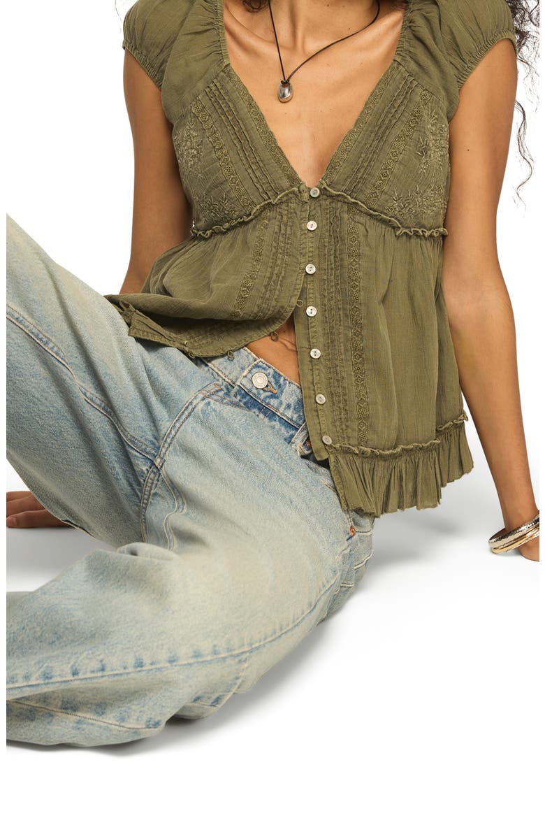 Pleated Lace Trim Plunge Neck Babydoll Top, Alternate, color, DUSTY OLIVE