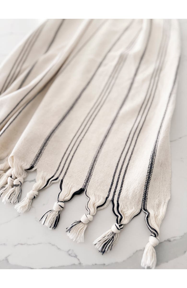 Anaya Natural Linen Black Stripe Bath Towel with Knotted Fringe, Alternate, color, Black