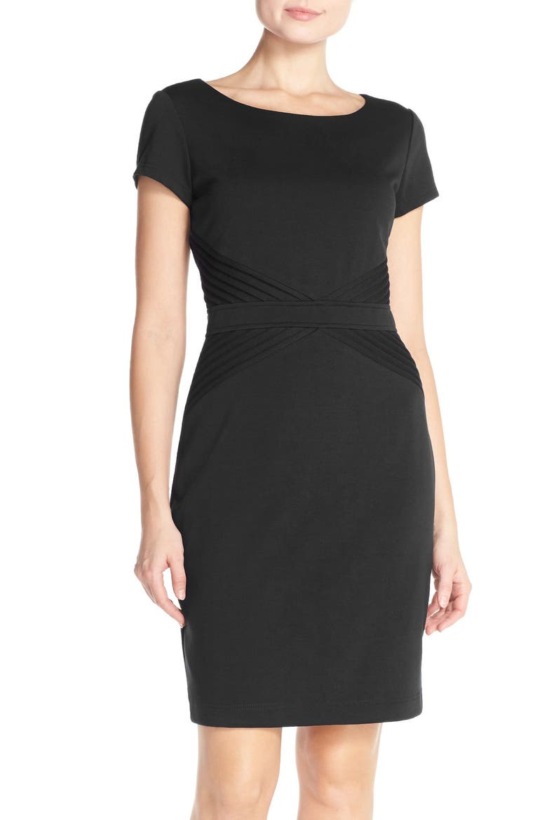 Pleat Ponte Sheath Dress, Main, color, BLACK