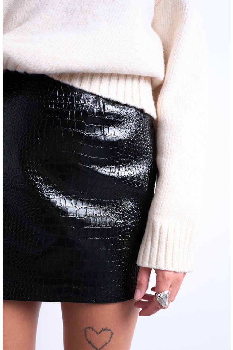 Croc Embossed Faux Leather Miniskirt, Alternate, color, BLACK