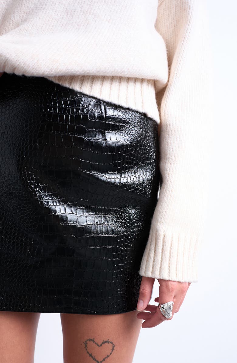 Topshop Croc Embossed Faux Leather Miniskirt, Alternate, color, Black